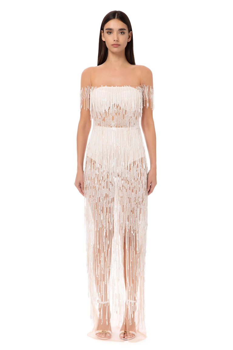 Red carpet dress in tulle with sequins and fringes - Apparel | Elisabetta Franchi® Outlet