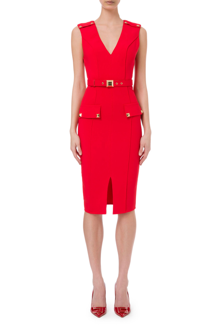 Sleeveless calf-length dress with buttons and logoed belt - Sheath Dresses | Elisabetta Franchi® Outlet