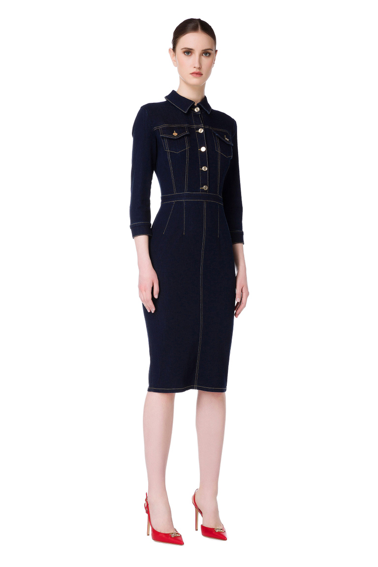 Denim sheath dress with gold buttons - Midi Dress | Elisabetta Franchi® Outlet