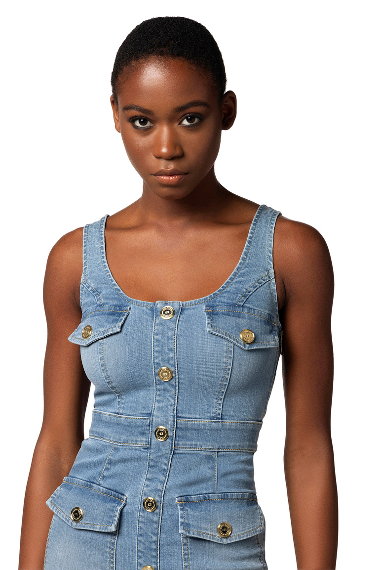 Denim mini-dress with row of buttons - Mini Dresses | Elisabetta Franchi® Outlet
