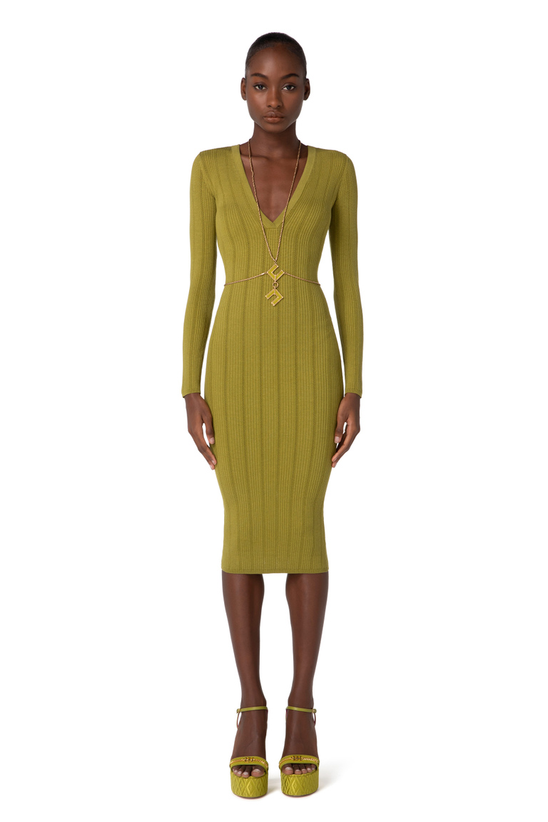 Calf-length knit dress with necklace - New collection | Elisabetta Franchi® Outlet