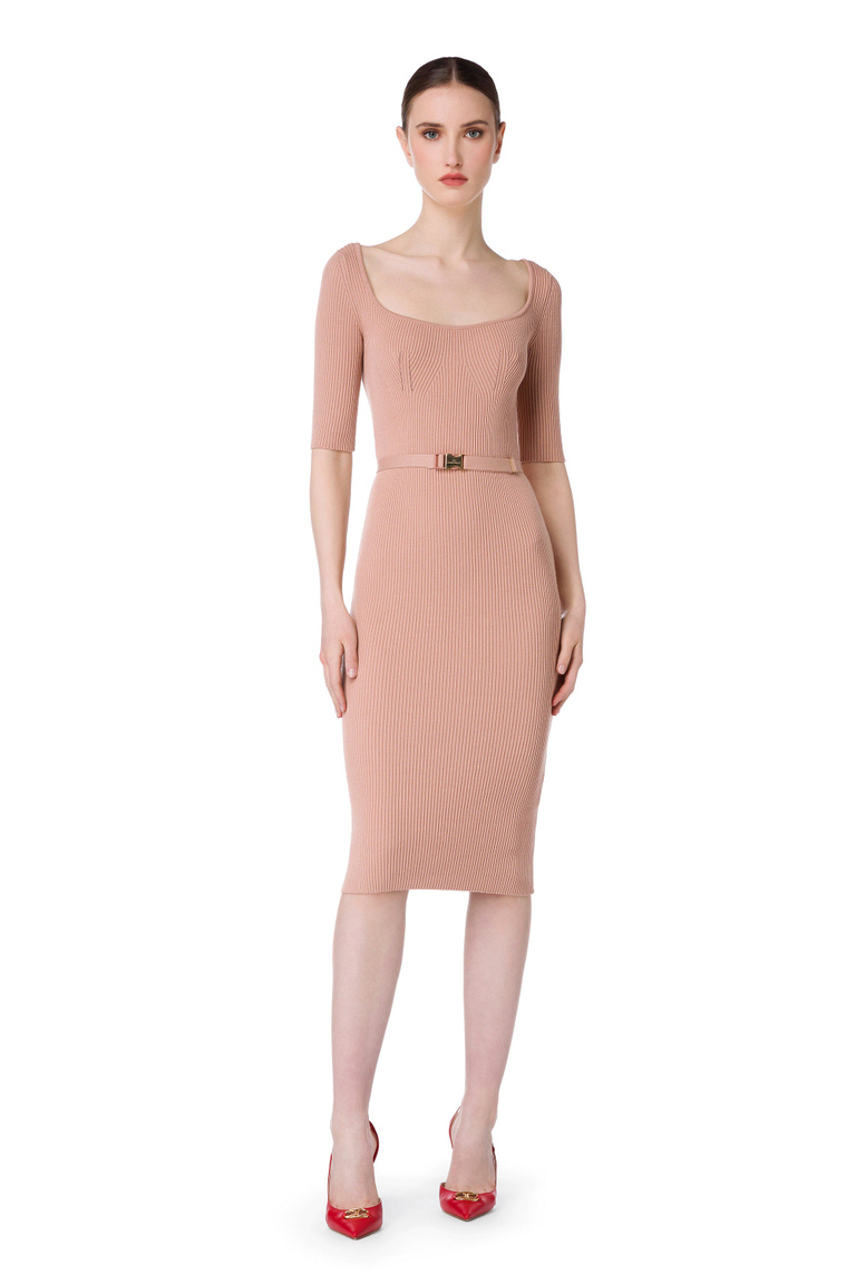 Calf-length dress with belt at the waist by Elisabetta Franchi - Knitted Dresses | Elisabetta Franchi® Outlet