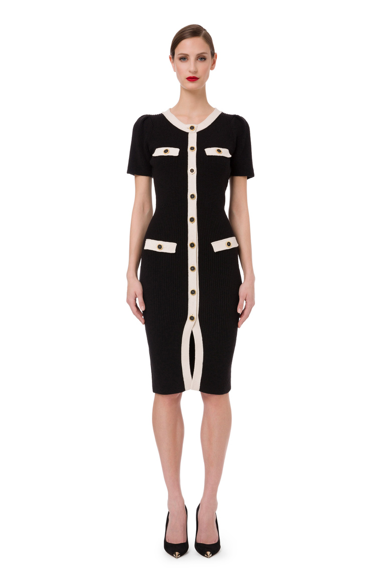 Midi-Kleid mit Kontrast-Piping und goldfarbenen Details - Strickkleider | Elisabetta Franchi® Outlet