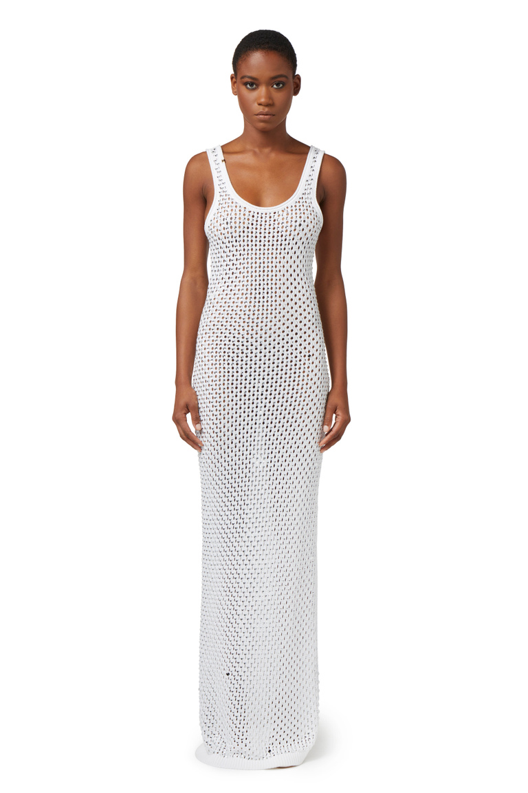 Long cotton dress in mesh stitch with rhinestones - Dresses | Elisabetta Franchi® Outlet