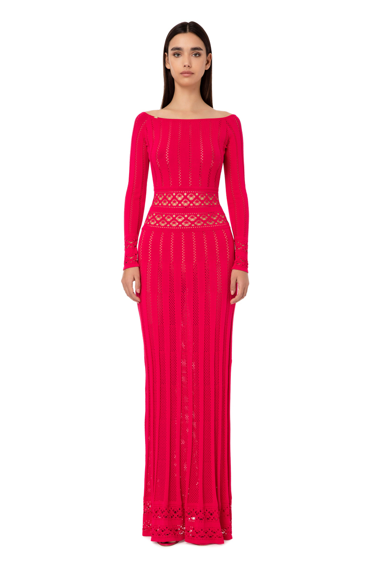 Red carpet dress in lace stitch knit with mermaid skirt - Knitted dresses | Elisabetta Franchi® Outlet