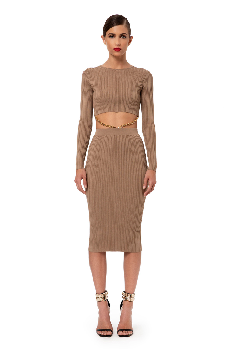 Dress in knit fabric with stone accessory - Midi Dress | Elisabetta Franchi® Outlet