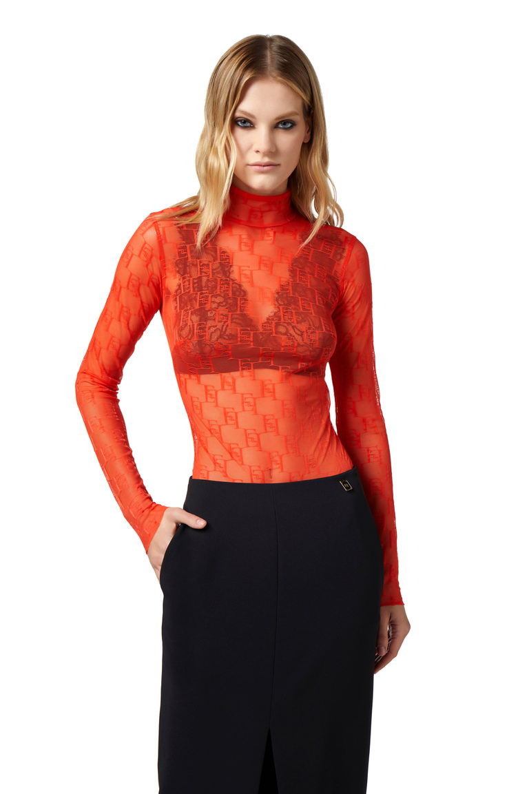Body aus Tüll mit langen Ärmeln und Logo - Bodysuits | Elisabetta Franchi® Outlet