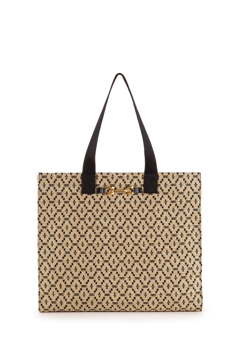 Large raffia shopper bag with jacquard fabric - Hand Bags | Elisabetta Franchi® Outlet