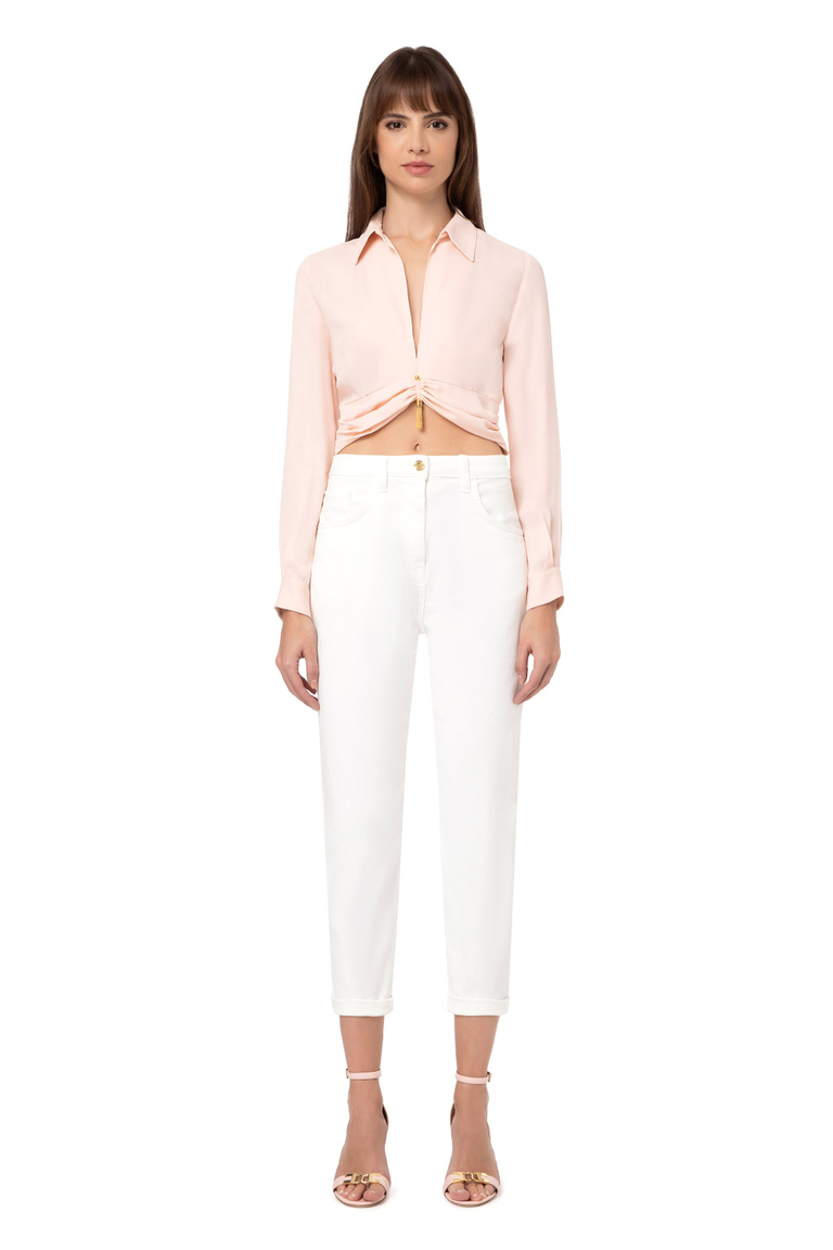 Cropped shirt with collar and V-shaped opening on the front - Shirts | Elisabetta Franchi® Outlet