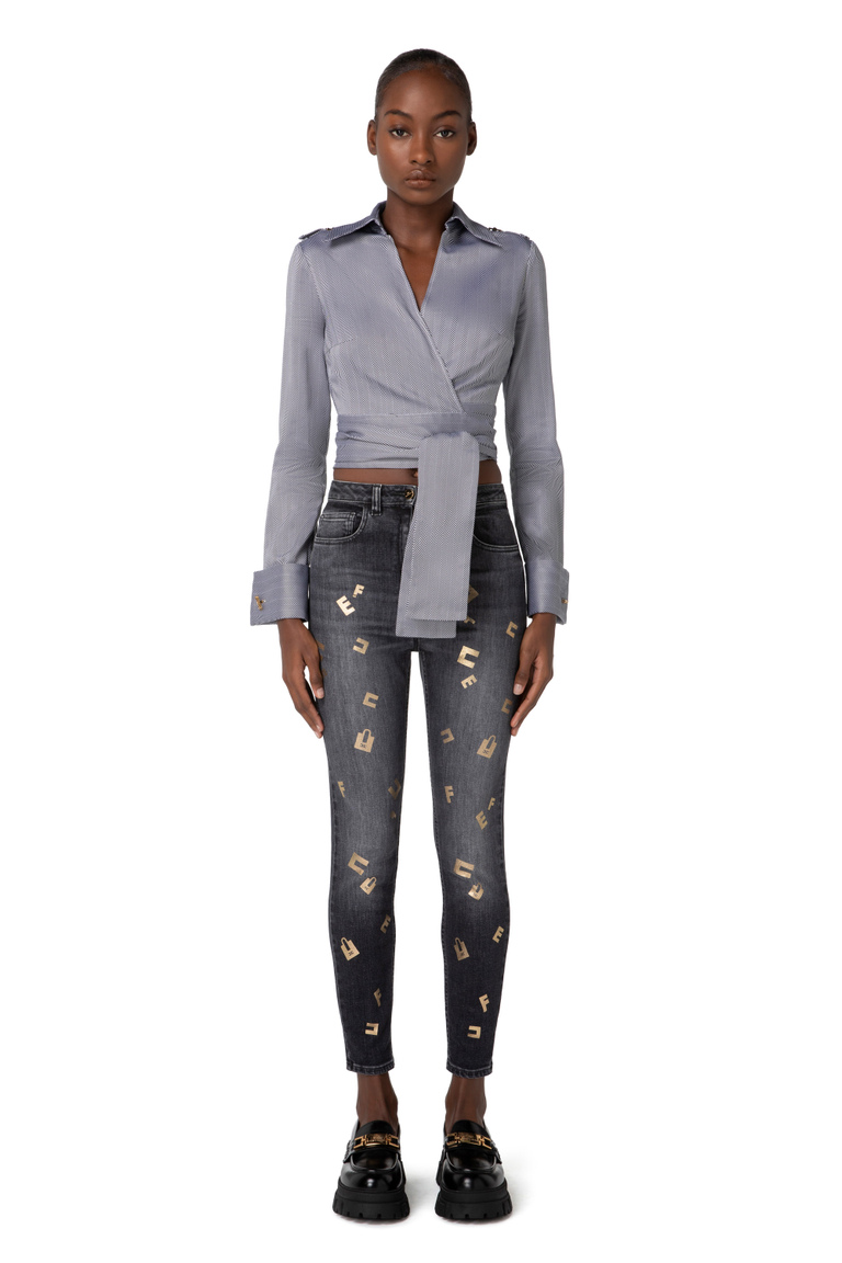 Crop shirt in herringbone cotton with sash - Shirts and Blouses | Elisabetta Franchi® Outlet