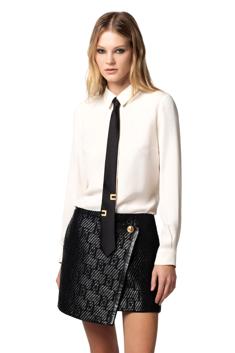 Straight blouse in viscose georgette fabric with lettering tie - Shirts and Blouses | Elisabetta Franchi® Outlet