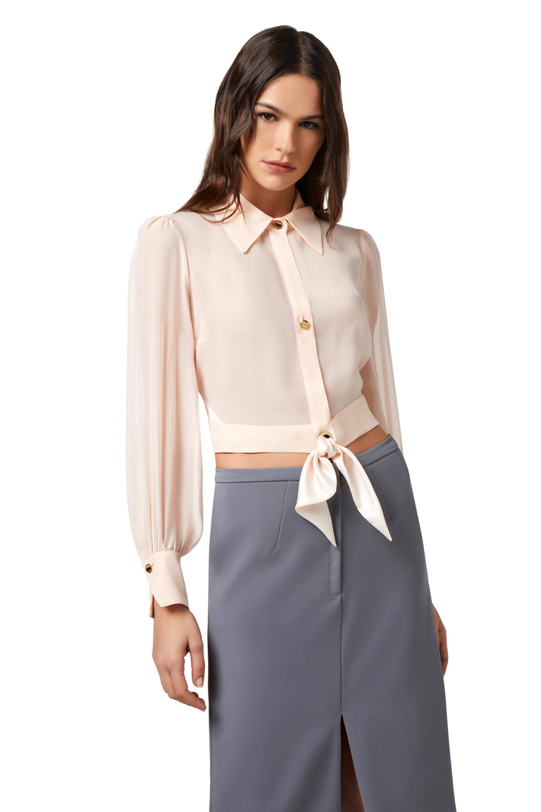 Cropped blouse in silk georgette fabric with knot - Shirts and Blouses | Elisabetta Franchi® Outlet