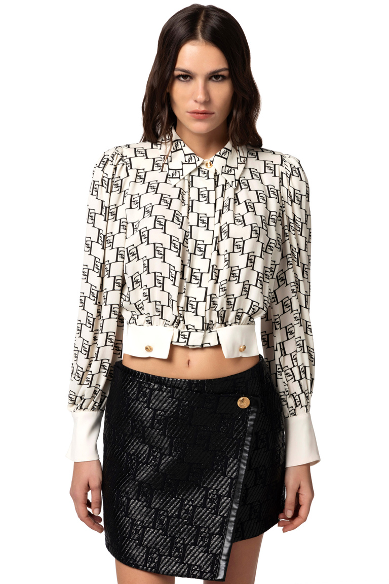 Cropped blouse in viscose georgette fabric with logo print - Shirts and Blouses | Elisabetta Franchi® Outlet