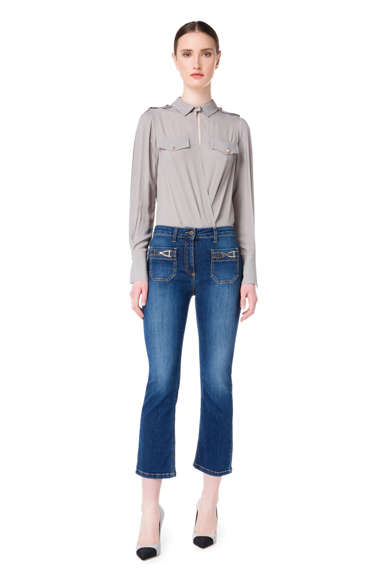 Crossover bodysuit-style blouse with light gold buttons - Bodysuits | Elisabetta Franchi® Outlet
