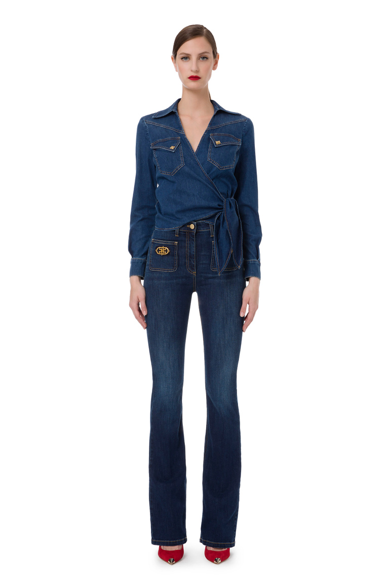 Denim cropped shirt with bow - Shirts | Elisabetta Franchi® Outlet