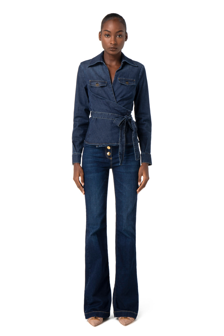 Denim shirt with sash belt - Shirts and Blouses | Elisabetta Franchi® Outlet