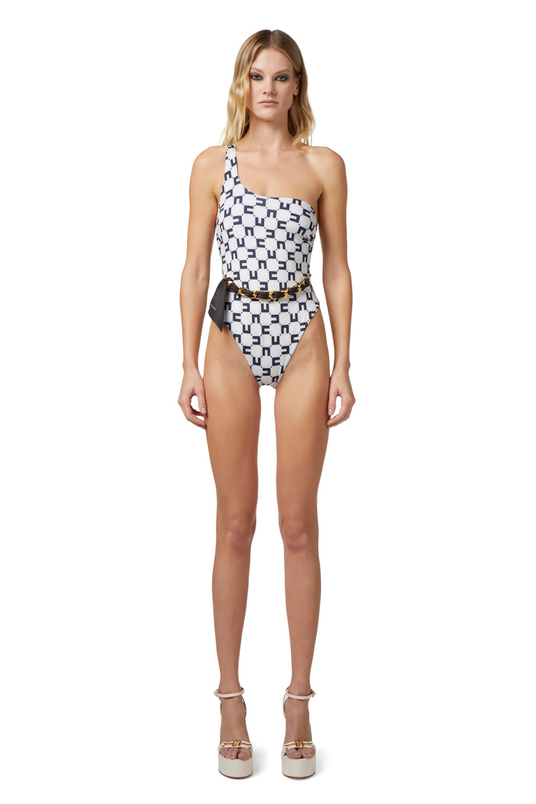 Lycra one-shoulder one-piece swimsuit with foulard scarf chain - Beachwear | Elisabetta Franchi® Outlet