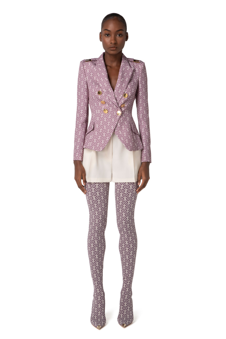 Double-breasted crêpe jacket with logo print - Jackets | Elisabetta Franchi® Outlet