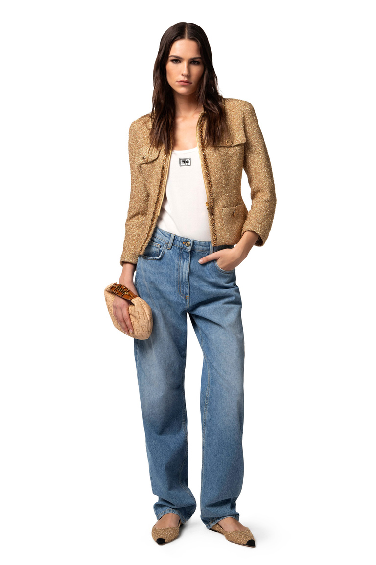 Lurex tweed cropped jacket with chain - Jackets | Elisabetta Franchi® Outlet