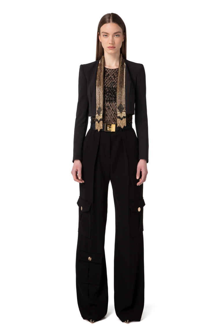 Giacca corta in doppio crêpe con ricamo paillettes - Blazer | Elisabetta Franchi® Outlet