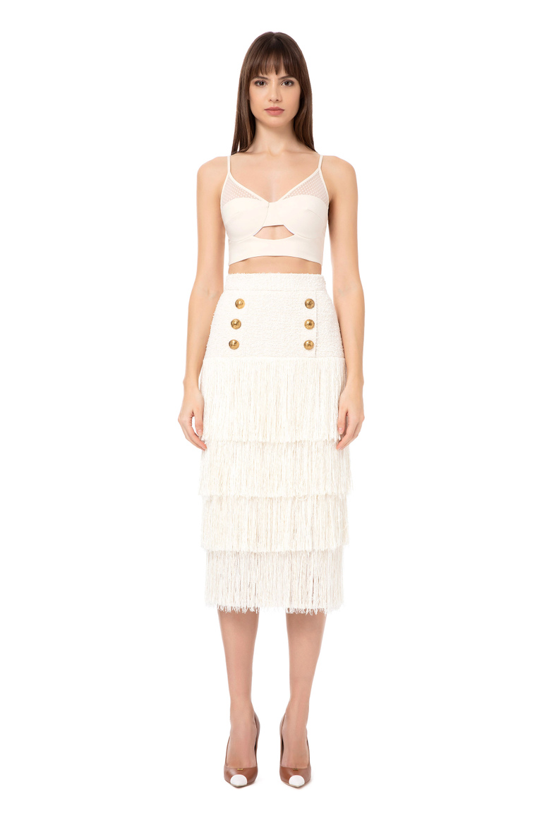 Fringed tweed calf-length skirt - Skirts | Elisabetta Franchi® Outlet