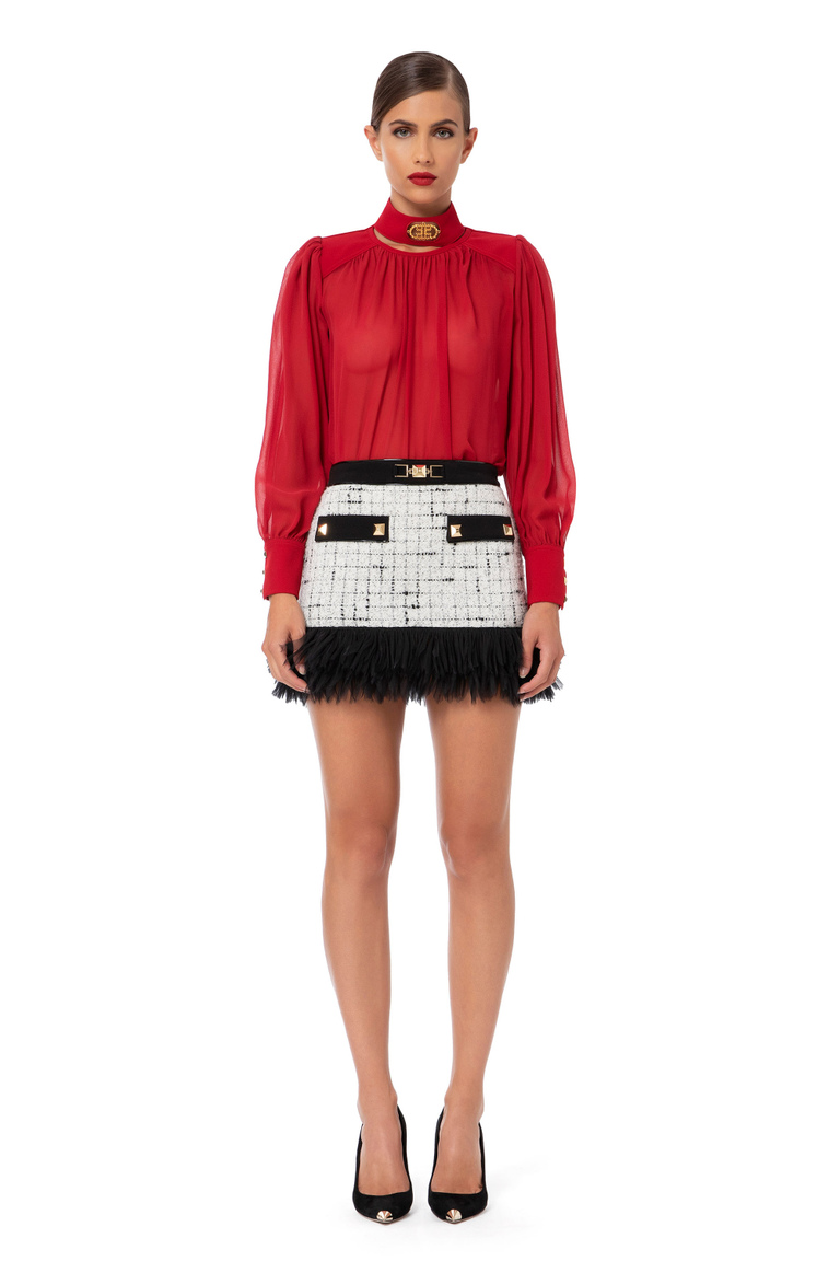 Tweed mini skirt with feathers and studs - Mini Skirts | Elisabetta Franchi® Outlet