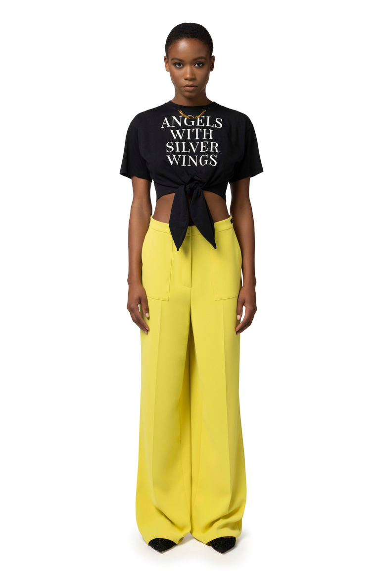 Cropped jersey T-shirt with knot and print - Apparel | Elisabetta Franchi® Outlet