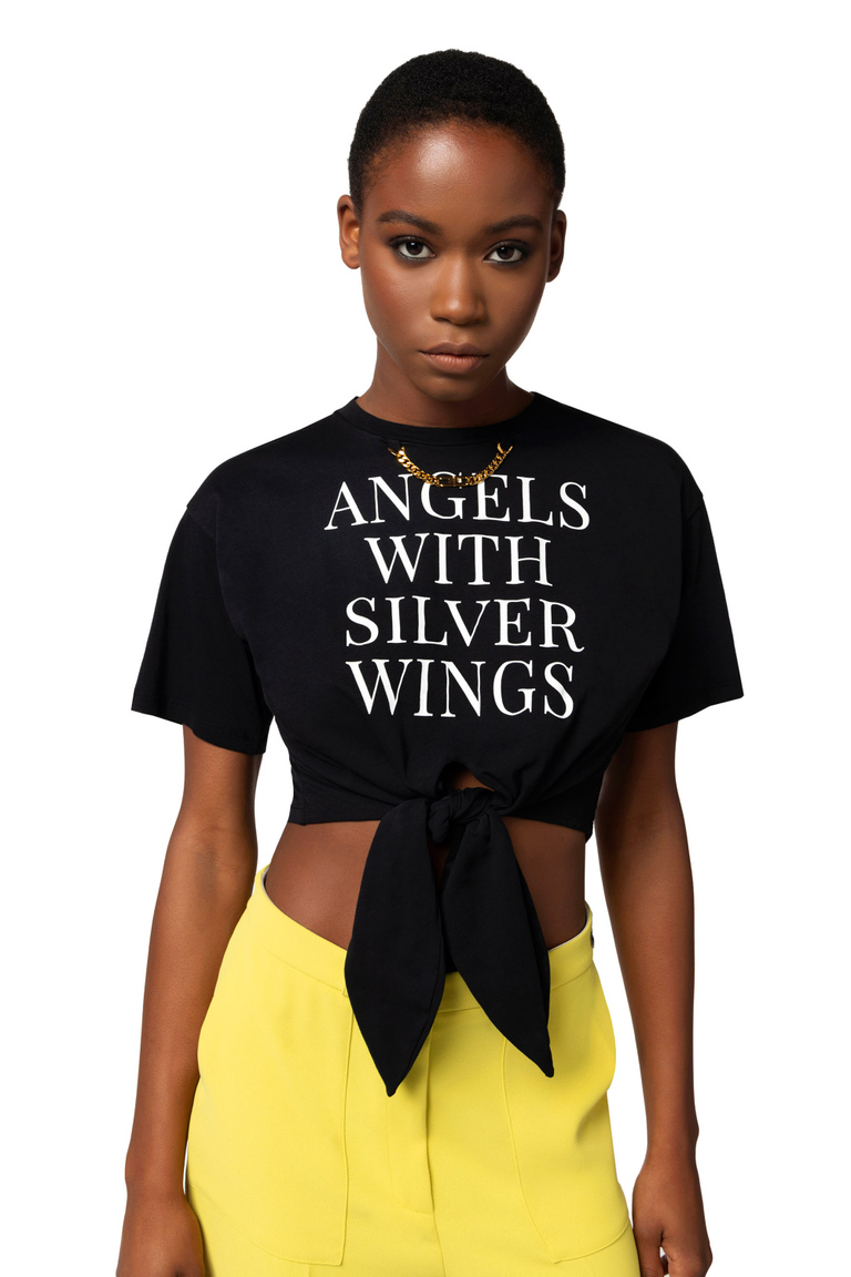 Cropped jersey T-shirt with knot and print - Top e T-shirts | Elisabetta Franchi® Outlet