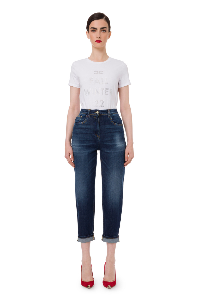 Short-sleeved t-shirt with rhinestone lettering - T-shirts | Elisabetta Franchi® Outlet