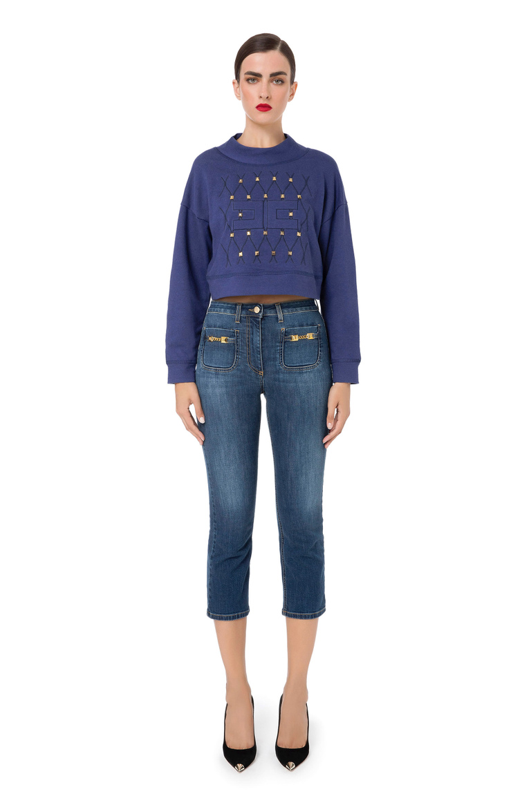 Mélange sweatshirt with logo and small studs - Knitwear | Elisabetta Franchi® Outlet