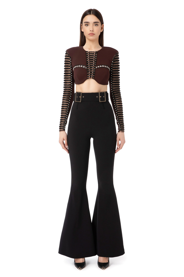 Cropped top with long sleeve and embroidery - Top | Elisabetta Franchi® Outlet