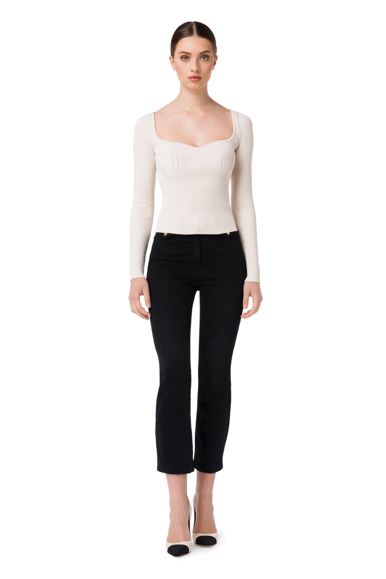 Narrow-ribbed sweater with sweetheart neckline - Jumpers | Elisabetta Franchi® Outlet