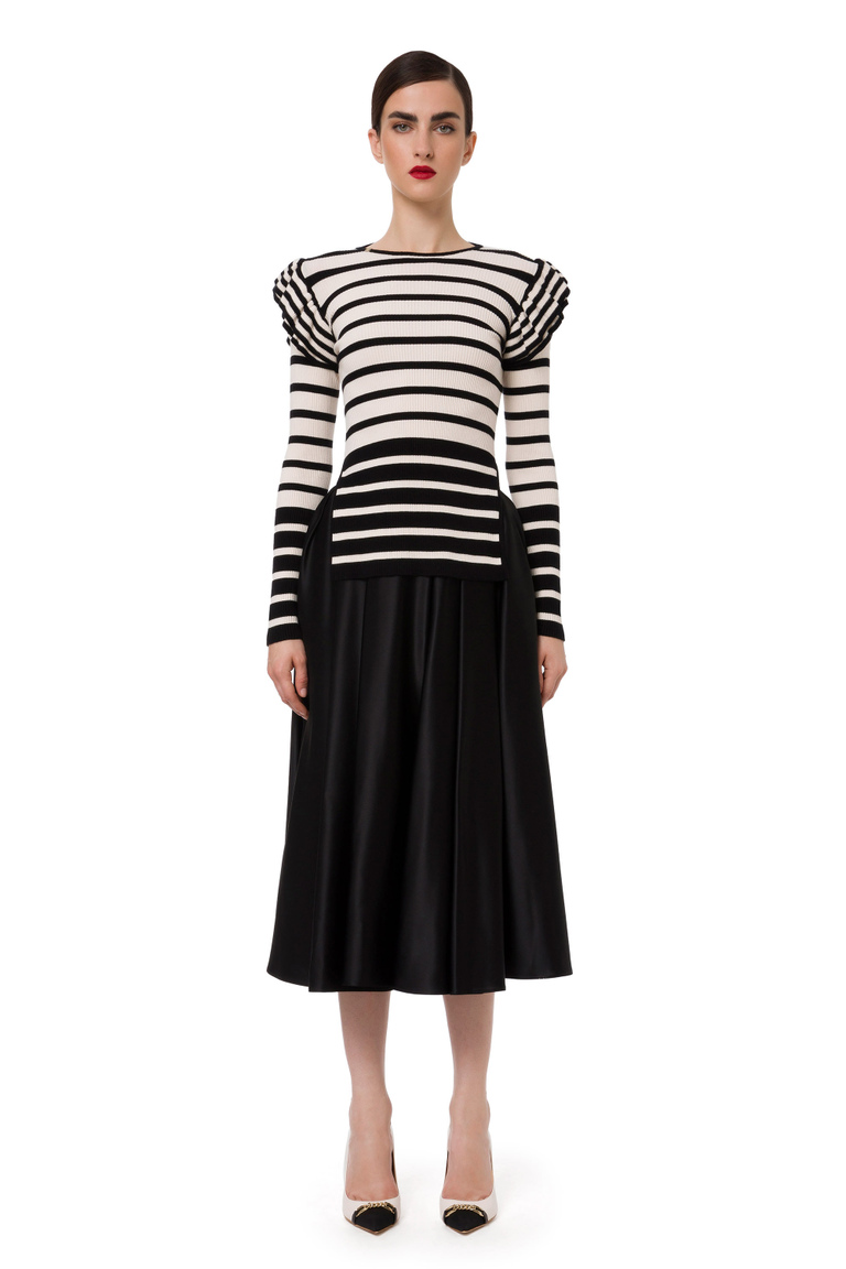 Striped crew neck sweater with ruffles - Cardigans | Elisabetta Franchi® Outlet