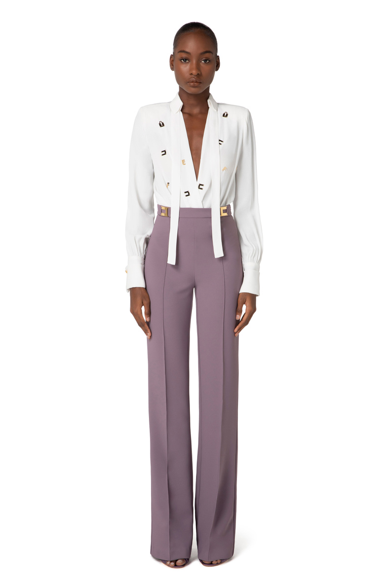 Crêpe palazzo trousers with logo plaques - Trousers | Elisabetta Franchi® Outlet