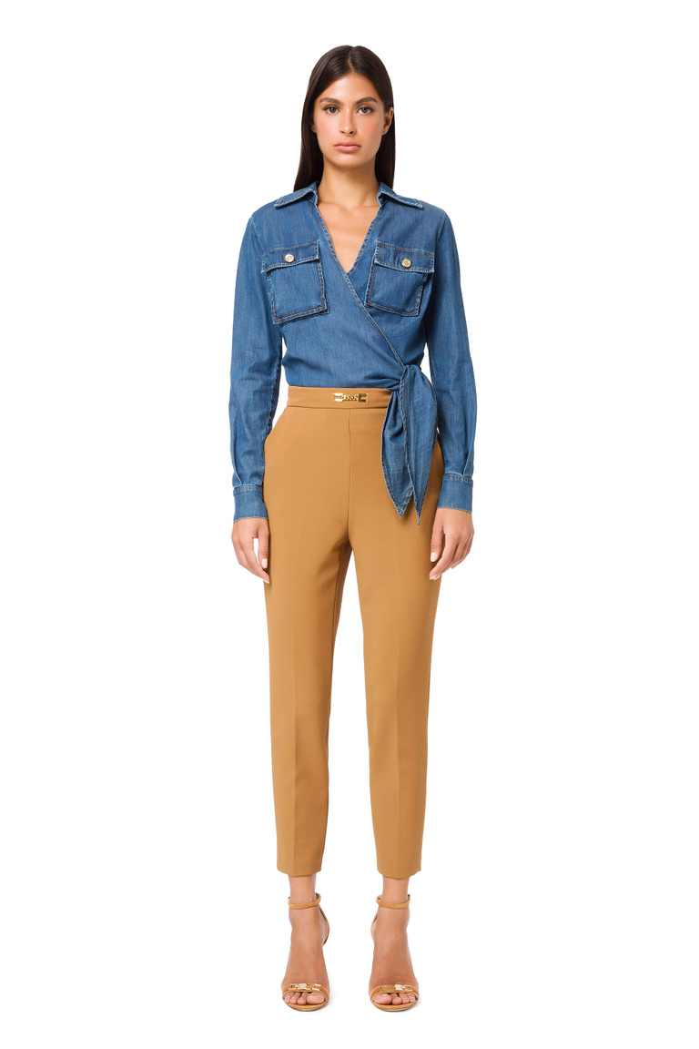 Cigarette trousers in double layer crêpe fabric - Skinny Trousers | Elisabetta Franchi® Outlet