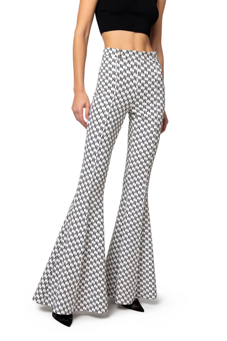 Bell-bottom trousers in stretch crêpe fabric with logo print - Tailored Trousers | Elisabetta Franchi® Outlet