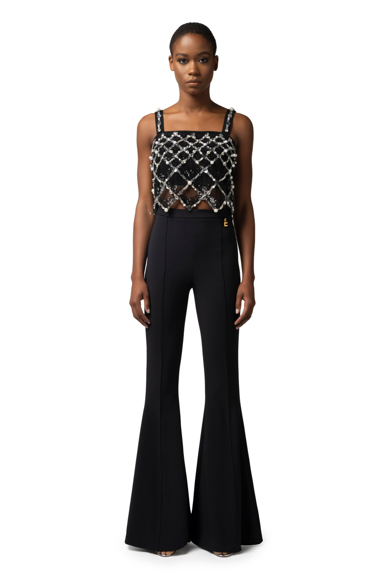 Bell-bottom trousers in stretch crêpe fabric with charms - Tailored Trousers | Elisabetta Franchi® Outlet