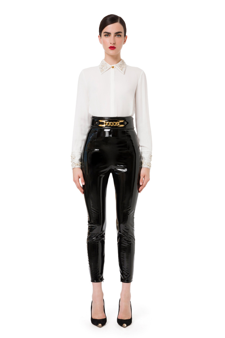 High-waist glossy patent leather leggings - Leggings | Elisabetta Franchi® Outlet