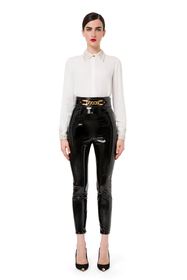 High-waist glossy patent leather leggings - Trousers | Elisabetta Franchi® Outlet