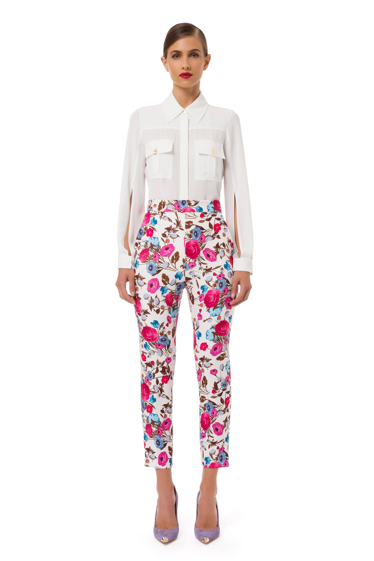 Straight cut trousers with bouquet print - Skinny Trousers | Elisabetta Franchi® Outlet
