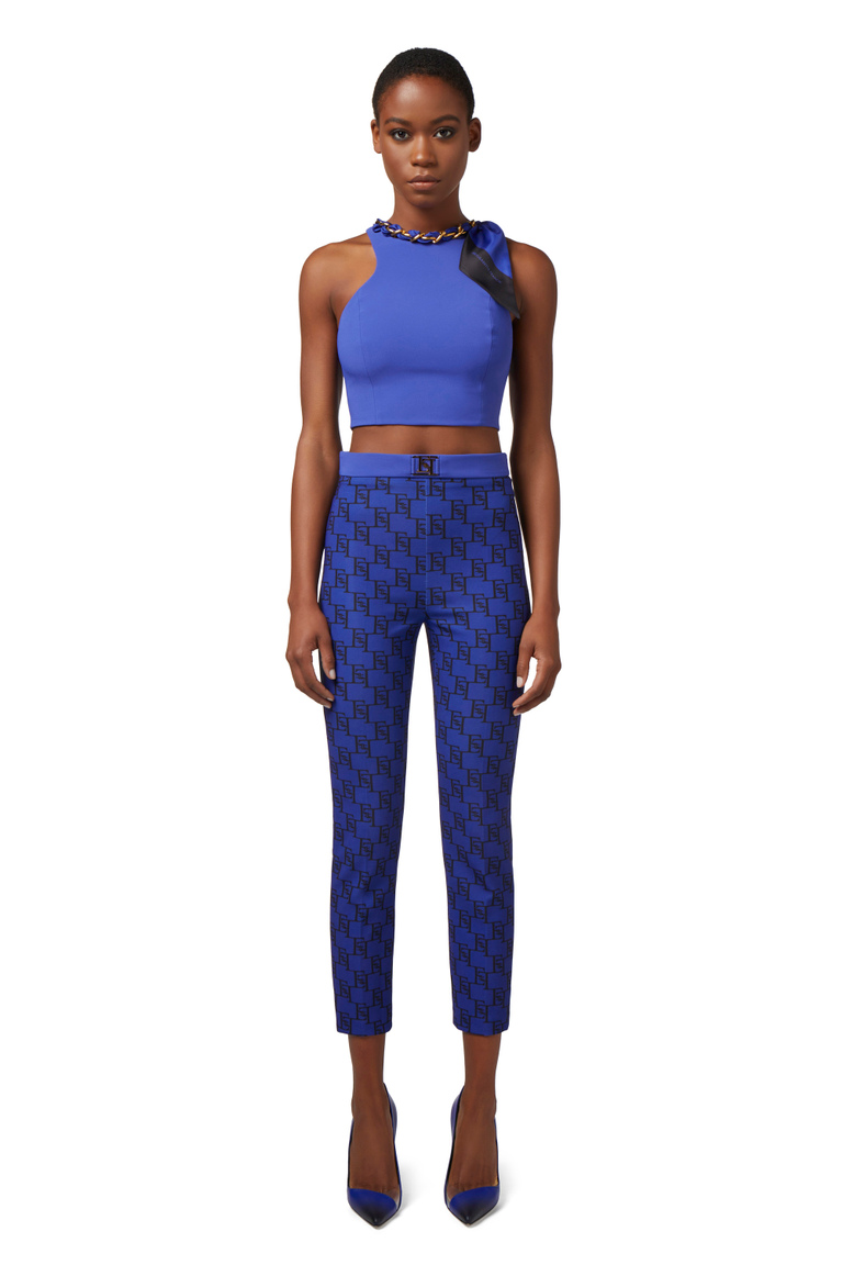 Pantalon droit en crêpe stretch imprimé logo - Pantalons skinny | Elisabetta Franchi® Outlet