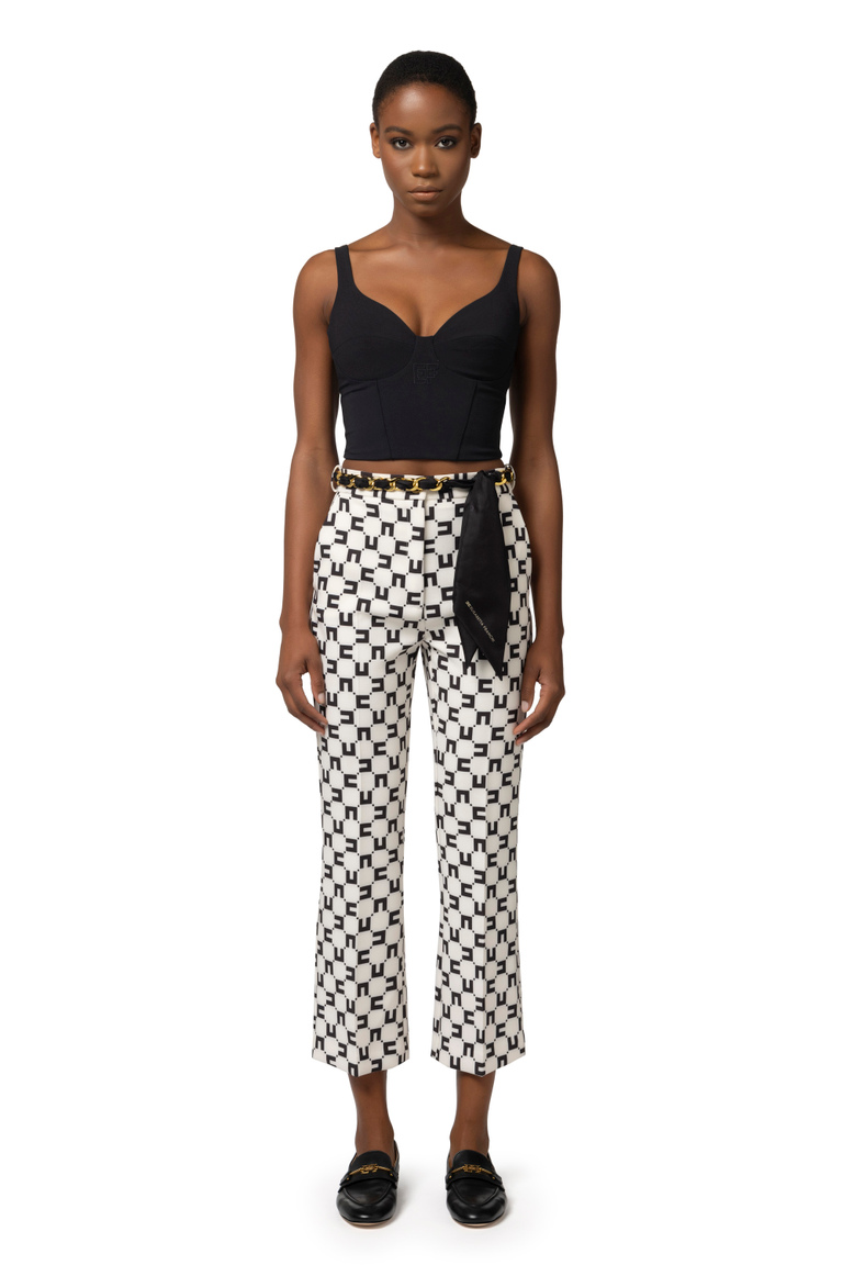 Boot-cut trousers in stretch crêpe with logo print and foulard scarf belt - Tailored Trousers | Elisabetta Franchi® Outlet