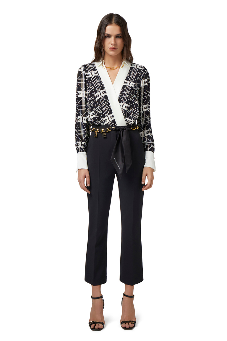 Boot-cut trousers in stretch crêpe with foulard scarf belt - Tailored Trousers | Elisabetta Franchi® Outlet