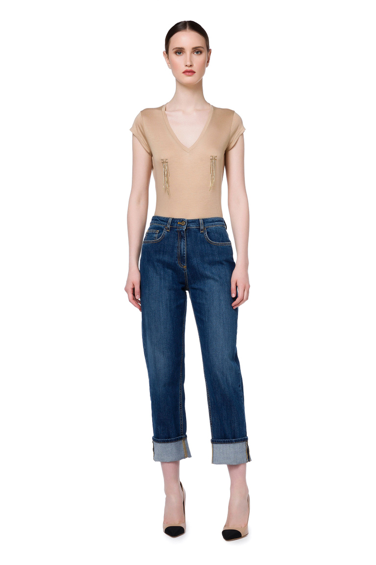 Pantalón denim ajuste mom con logotipo bordado - Regular Jeans | Elisabetta Franchi® Outlet