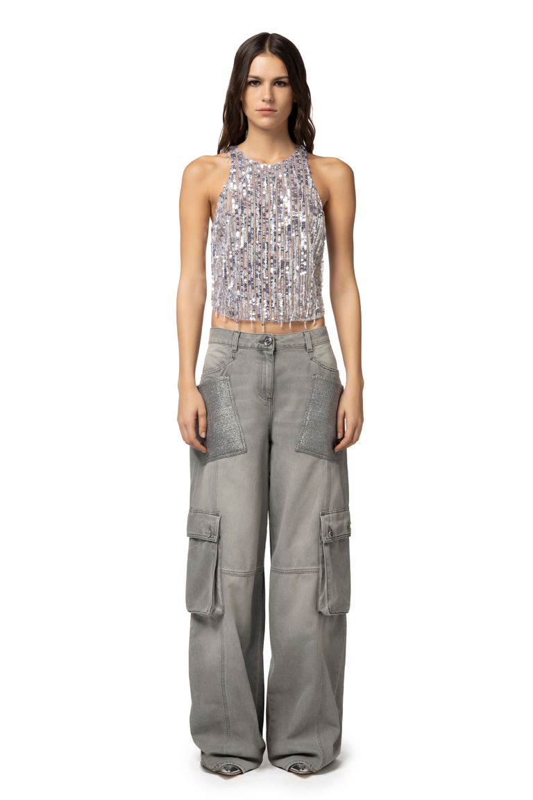 Cargo jeans with tweed pockets - Wide Jeans | Elisabetta Franchi® Outlet