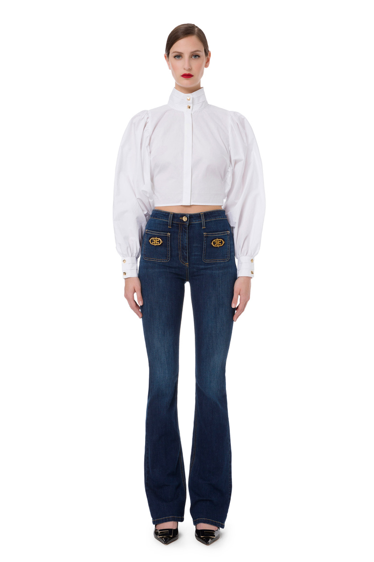 Long boot-cut jeans with embroidered patches - Regular Jeans | Elisabetta Franchi® Outlet