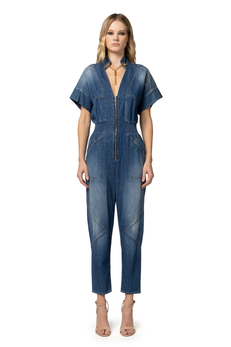 Denim jumpsuit with cufflink on the neckline - Jumpsuits | Elisabetta Franchi® Outlet