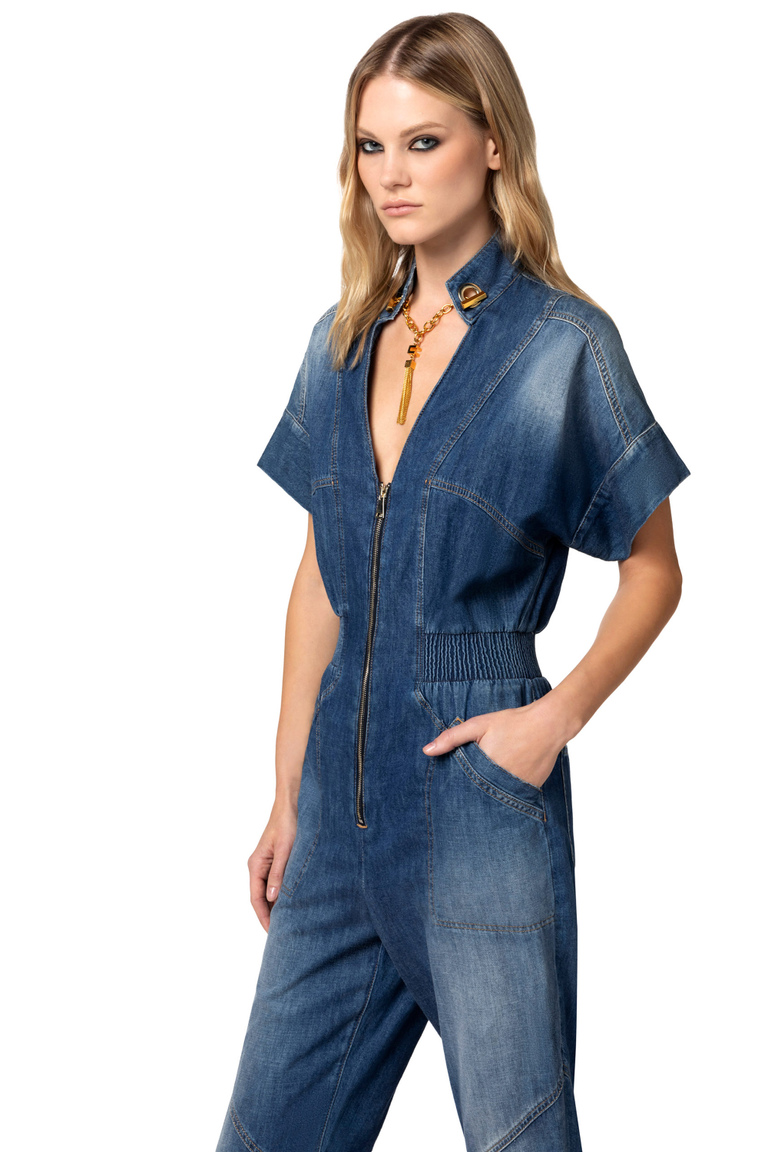 Denim jumpsuit with cufflink on the neckline - Jumpsuits | Elisabetta Franchi® Outlet