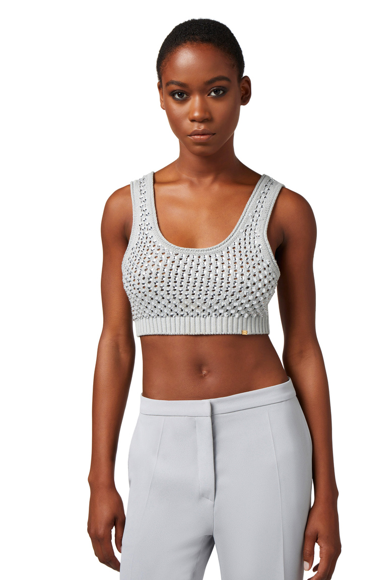 Cotton top in mesh stitch with rhinestones - Top | Elisabetta Franchi® Outlet