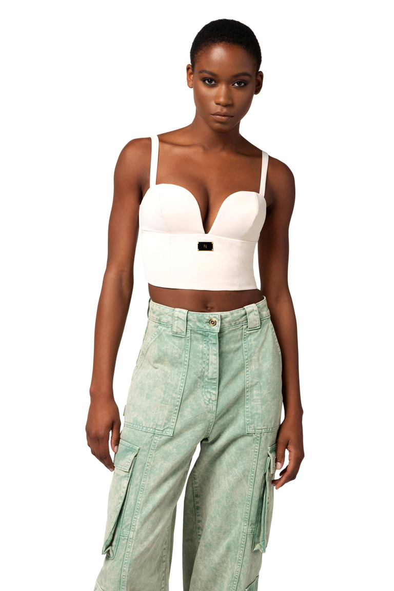 Bustier top in stretch crêpe with enamelled logo plaque - Top | Elisabetta Franchi® Outlet
